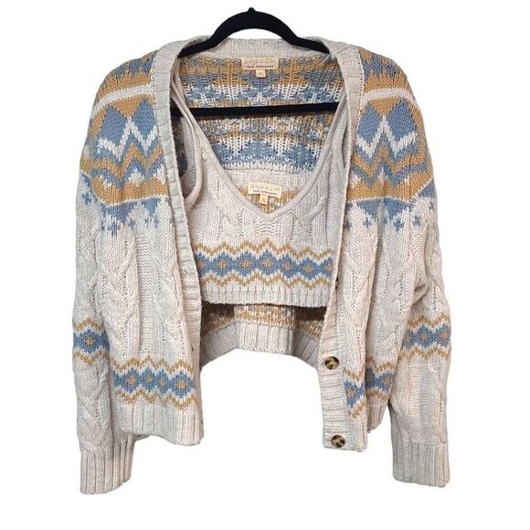 Y2K Sage Oak fair isle sweater cardigan button down crop top plus XL 2 piece - Picture 1 of 9
